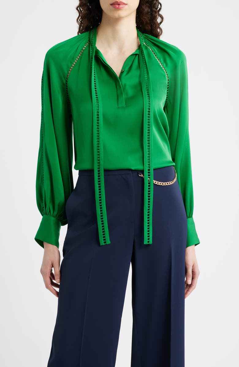 Elie Tahari The Angie Tie Neck Stretch Silk Top, Main, color, Green Lark