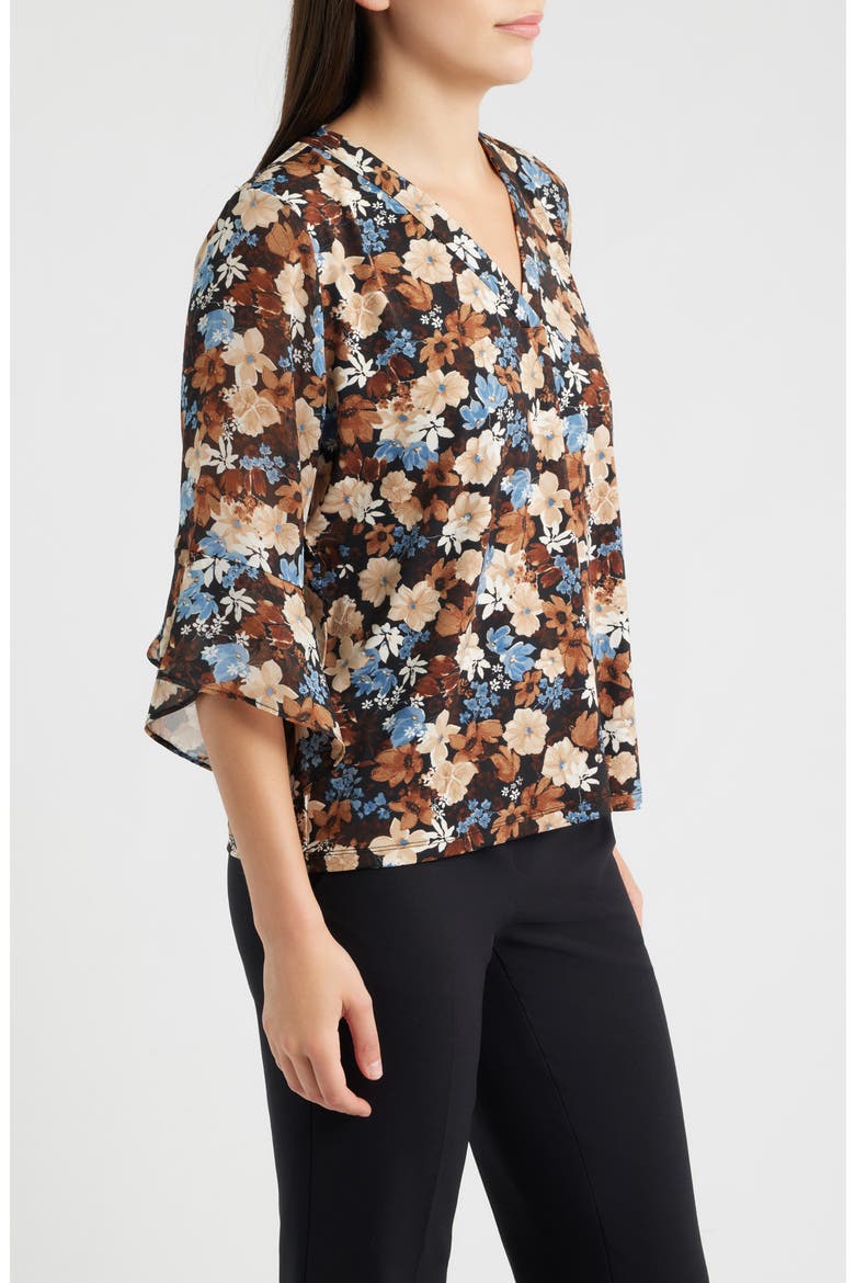 Floral Split Neck Bell Sleeve Top, Alternate, color, ANNE BLACK MULTI