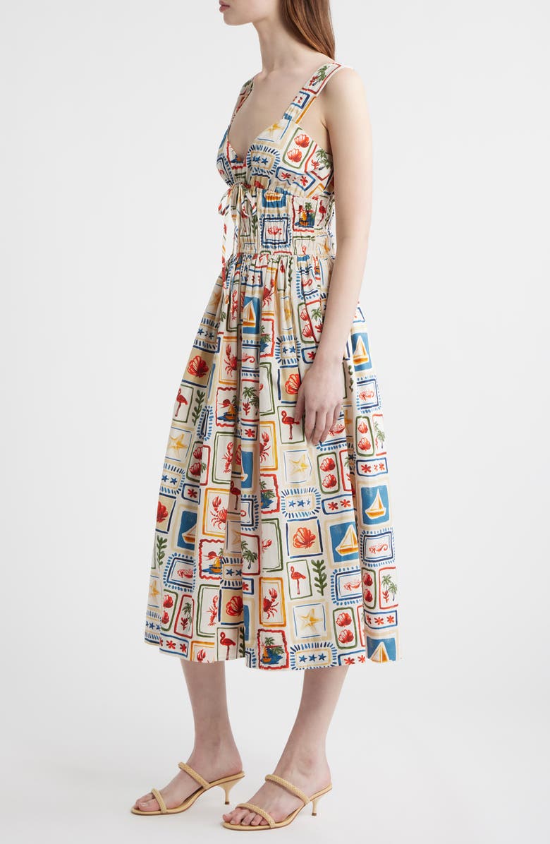 MOON RIVER Postcard Print Cotton Midi Dress, Alternate, color, Beige Multi