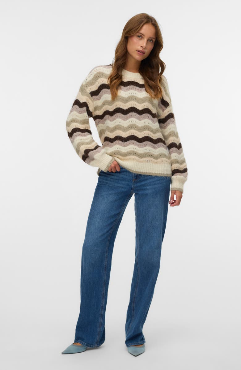 VERO MODA Scallop Open Knit Sweater, Alternate, color, Birch Stripes