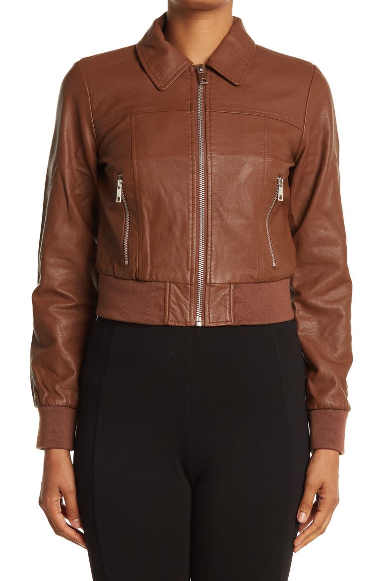 Faux Leather Crop Bomber Jacket, Alternate, color, LUGGAGE