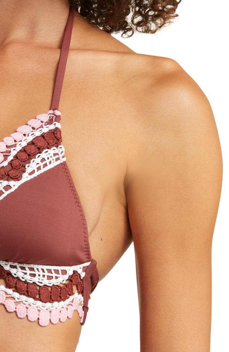 Becca Delilah Crochet Trim Halter Bikini Top, Alternate, color, 