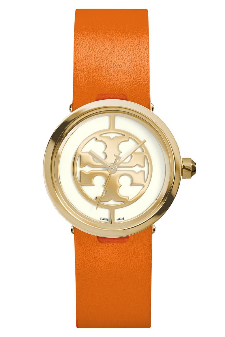 'Reva' Logo Dial Leather Strap Watch, 28mm, Main, color, ORANGE/ GOLD