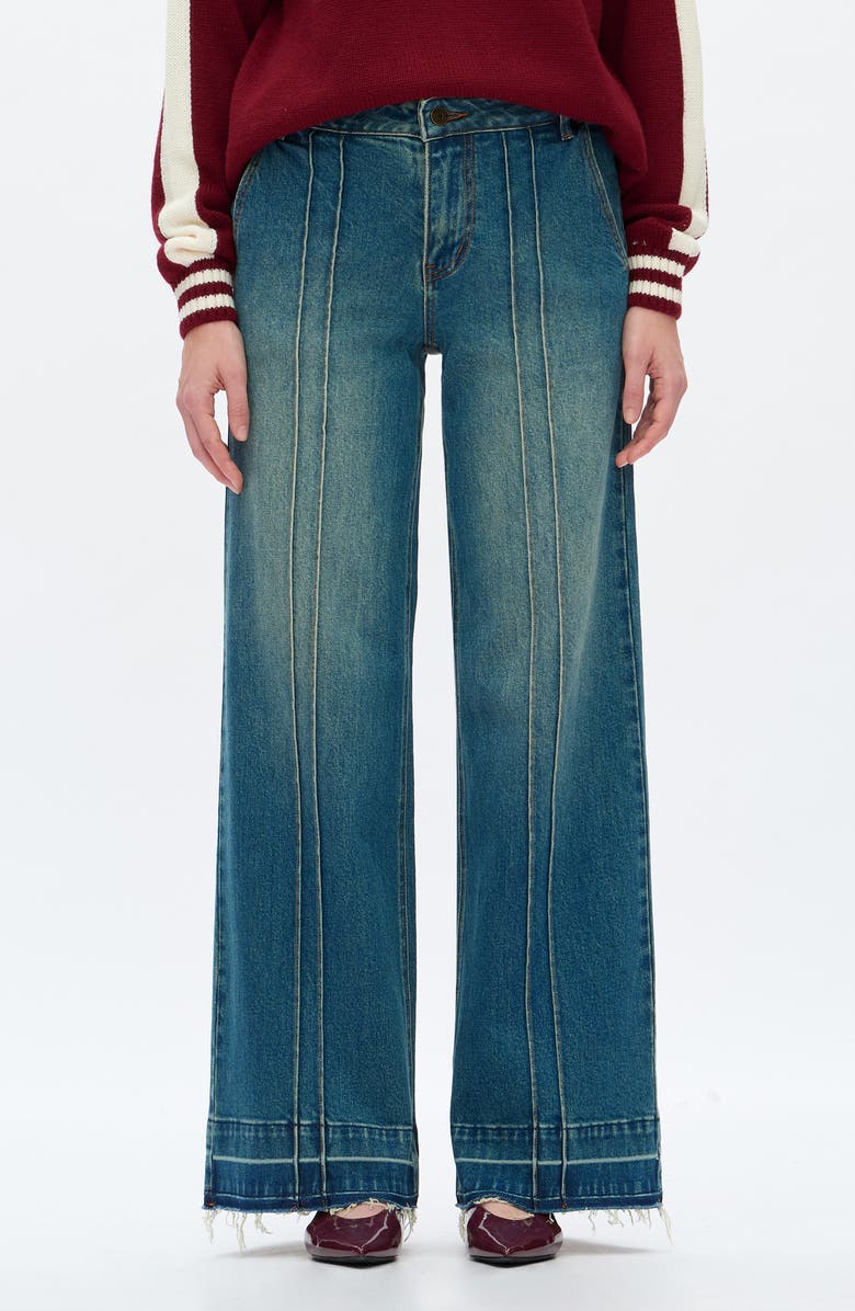 Bayeas Jermy Seamed High Waist Raw Hem Wide Leg Jeans, Main, color, Vintage Dark Blue