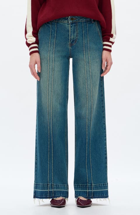 Jermy Seamed High Waist Raw Hem Wide Leg Jeans (Iceberg Blue)