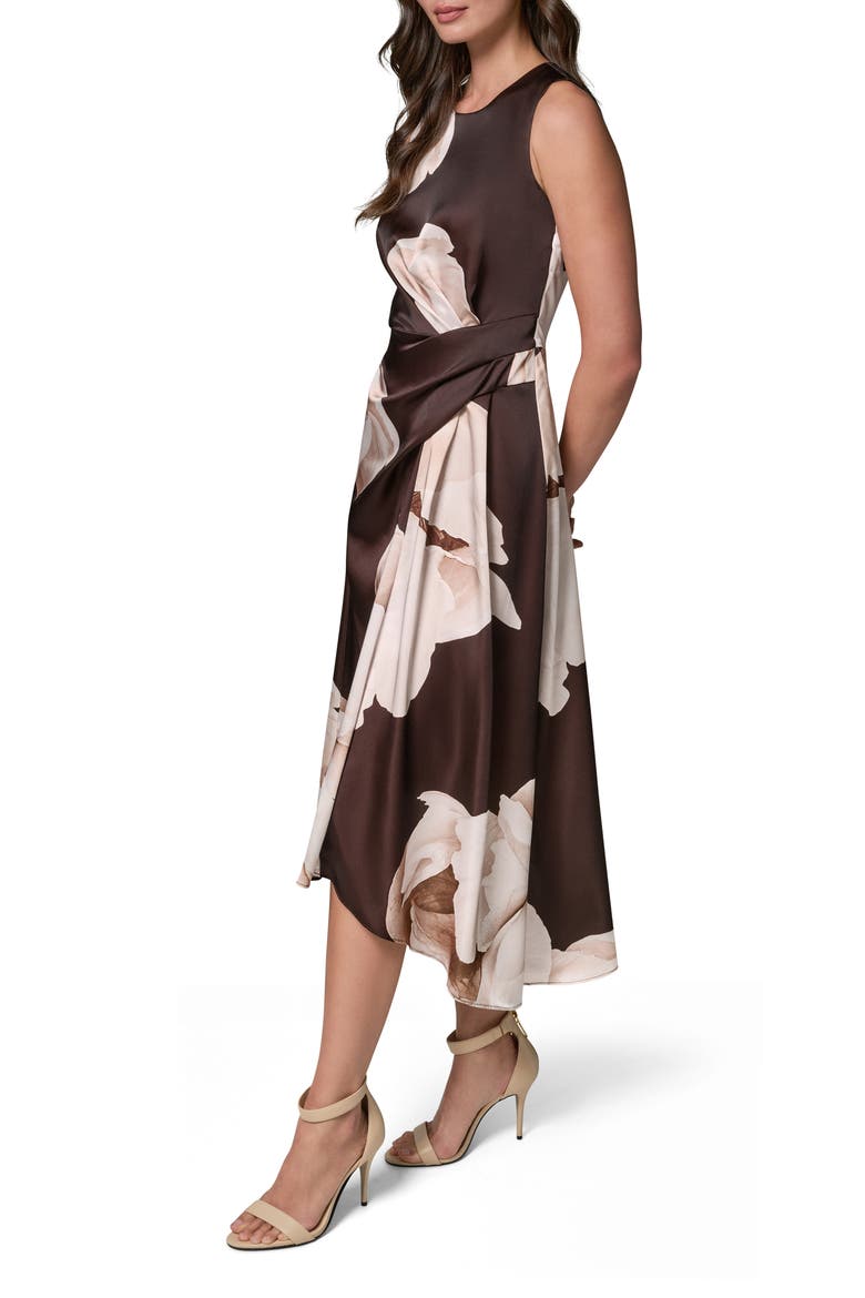 Floral Print Satin Midi Dress, Alternate, color, ESPRESSO MULTI