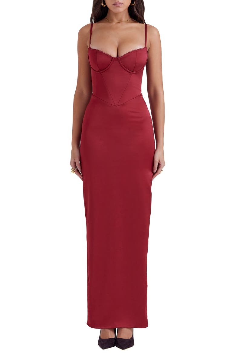 Stefania Underwire Corset Bodice Satin Gown, Main, color, BLOOD RED