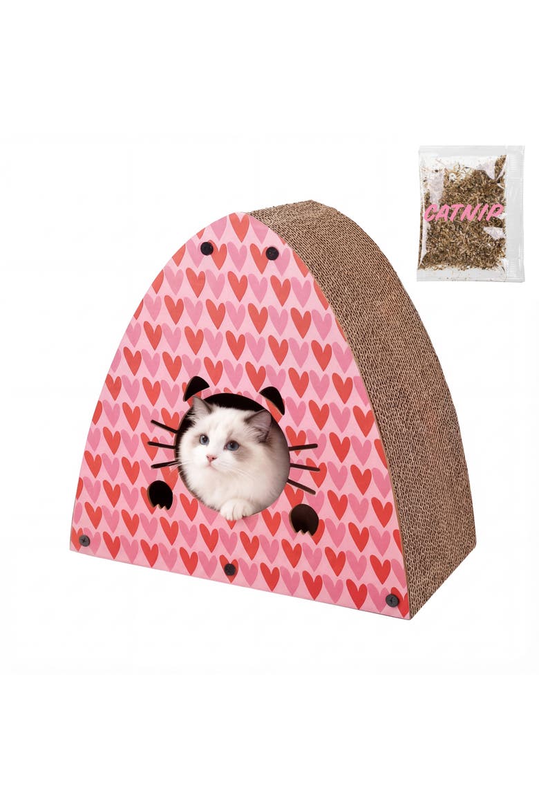 Koko Cardboard Triangle Cat Cave Scratcher with Catnip, Main, color, Pink/Red