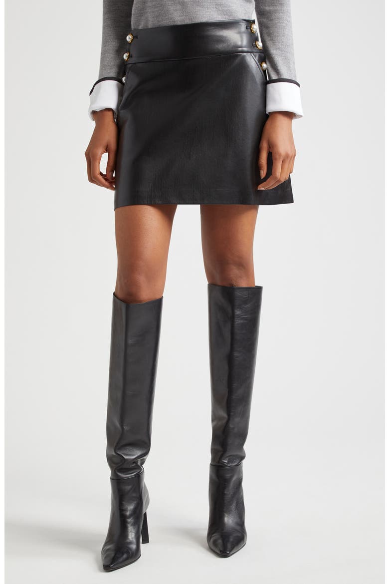 Donald Side Button Faux Leather Miniskirt, Main, color, BLACK