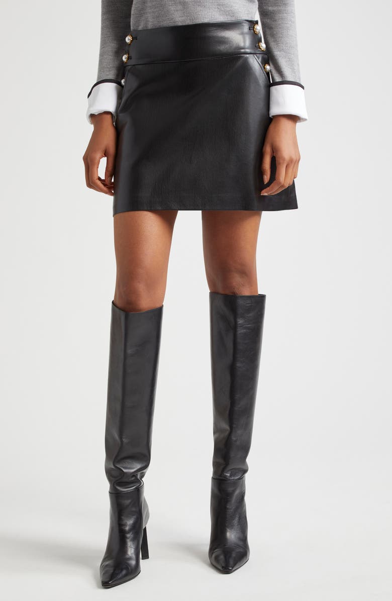 Alice + Olivia Donald Side Button Faux Leather Miniskirt, Main, color, 