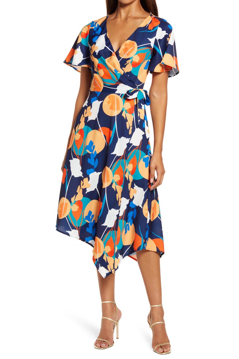 Abstract Print Wrap Dress, Main, color, NAVY