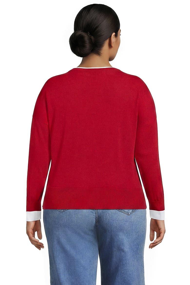 Plus Size Double Trim Cotton Crew Neck Sweater, Alternate, color, Compass Red/White