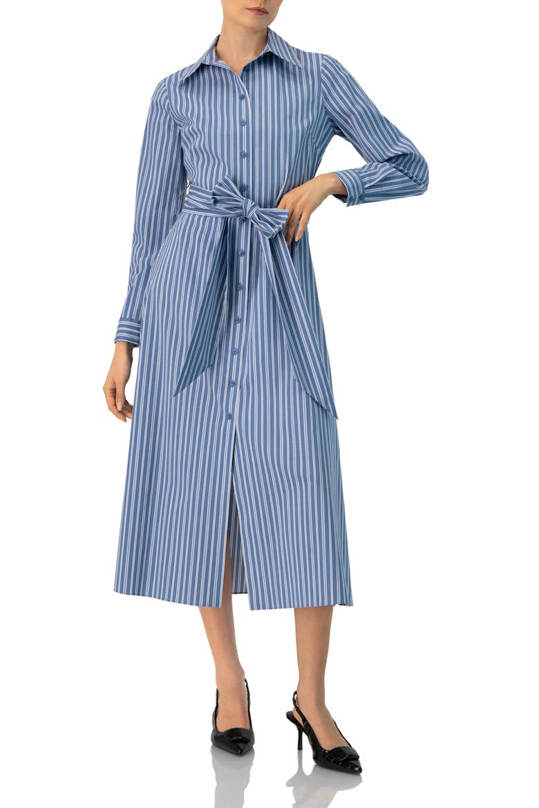 Striped Midi Collared Dress with Waist Tie, Main, color, Blue