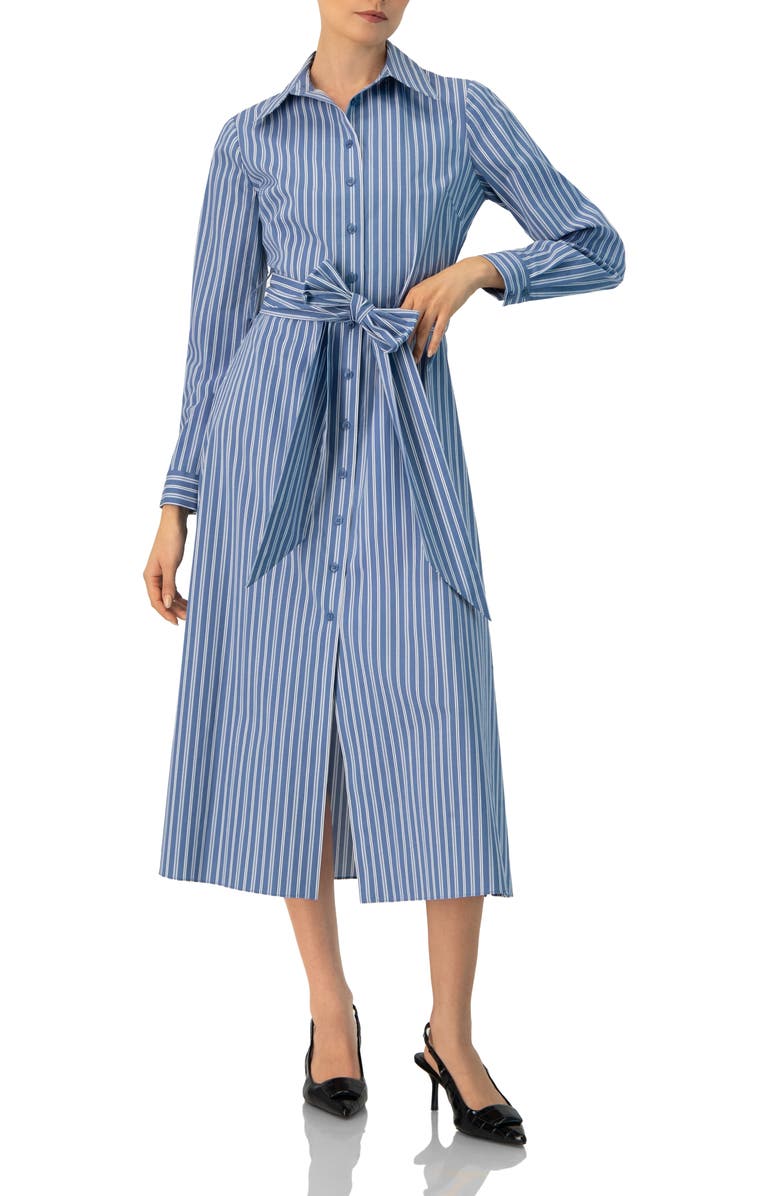 IVONNE Striped Midi Collared Dress with Waist Tie, Main, color, Blue