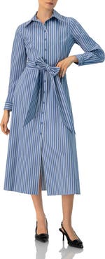 IVONNE Striped Midi Collared Dress with Waist Tie