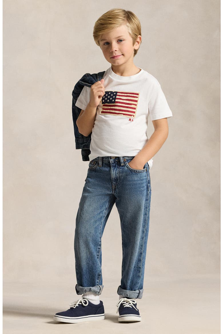 Kids' American Flag Appliqué Cotton T-Shirt, Alternate, color, WHITE