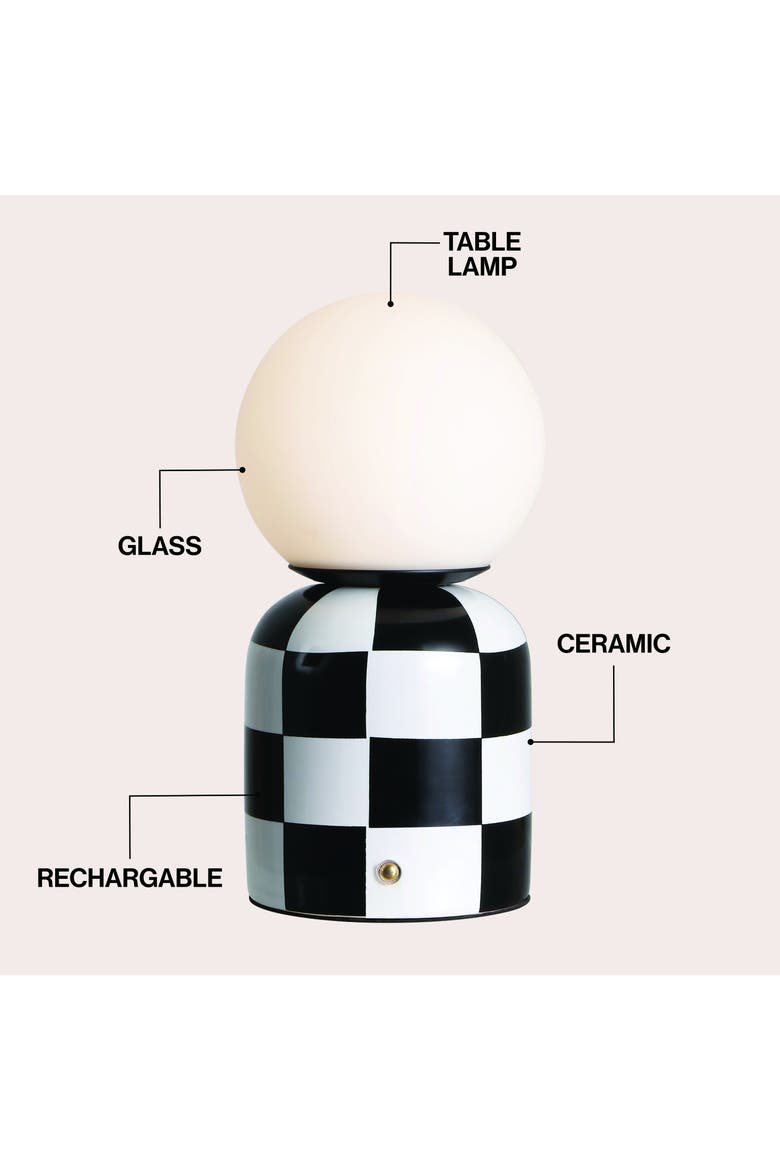Zira Modern Checkerboard Ceramic Rechargeable Cordless Integrated Portable Dimmable with Frosted Globe Shade LED Table Lamp, Alternate, color, Black/White