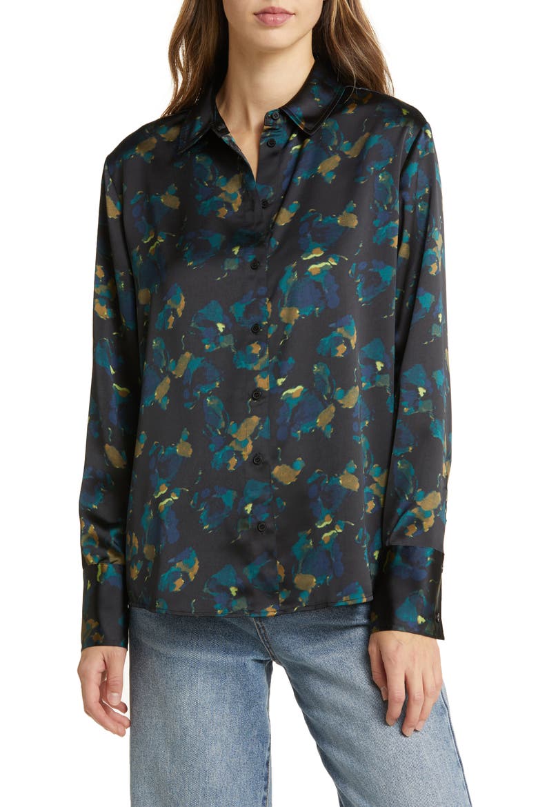 Abstract Floral Button-Up Shirt, Main, color, BLACK- BLUE LAYERED FLORAL