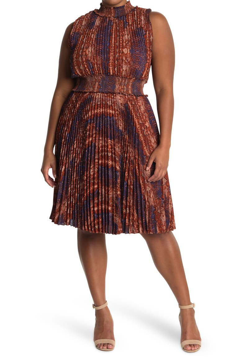 NANETTE NANETTE LEPORE Snake Print Sleeveless Pleated Dress, Main, color, BROWN 446-1