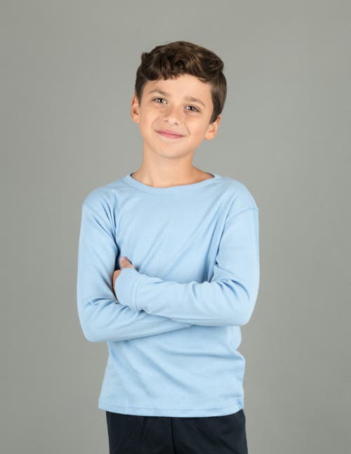 Leveret Kids Long Sleeve T-shirt, 100% Cotton, Solid Colors In Blue