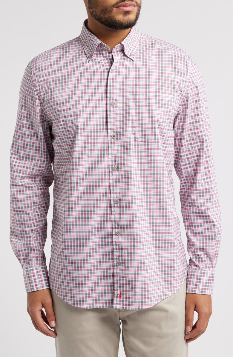 johnnie-O Morganstern Plaid Tucked Cotton Blend Button-Down Shirt, Main, color, Malibu Red