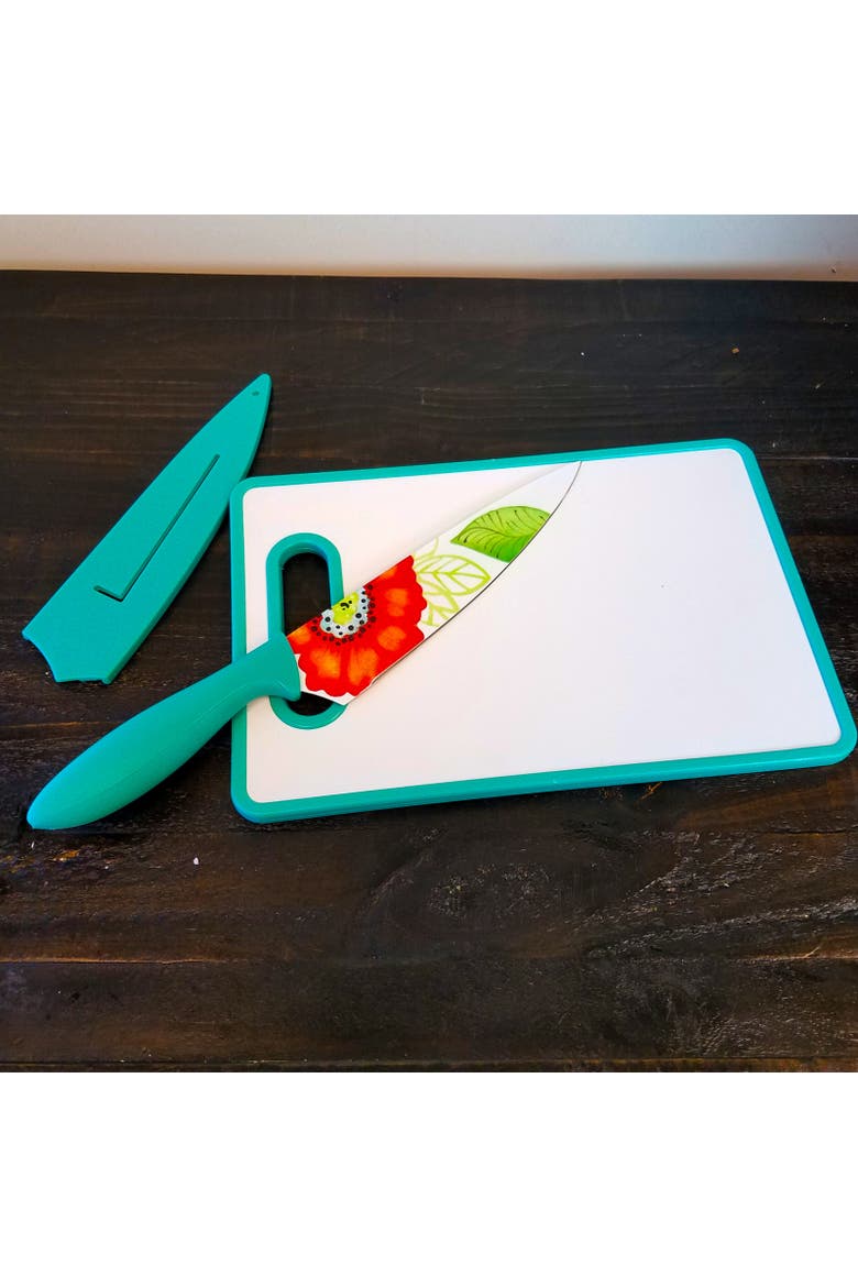 Jordana 3 Piece Cutlery Knife and Cutting Board Set Floral Pattern, Alternate, color, Turquoise