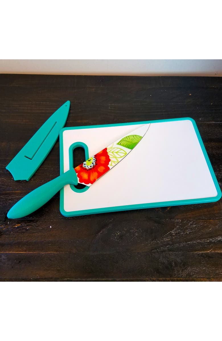 Studio California Jordana 3 Piece Cutlery Knife and Cutting Board Set Floral Pattern, Alternate, color, Turquoise