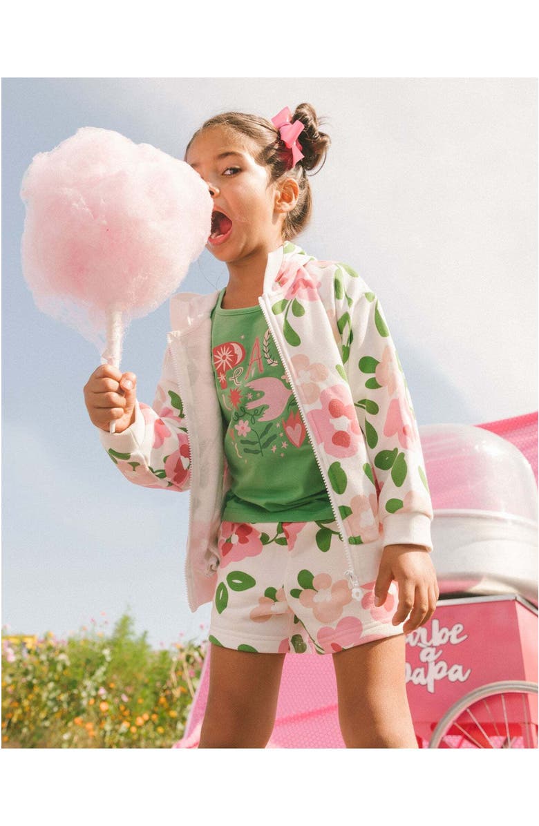Deux par Deux Girl's Printed French Terry Short Pink Flowers On White Background, Alternate, color,