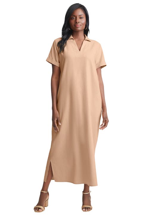 Jessica London Linen Short Sleeve Maxi Dress In Neutral