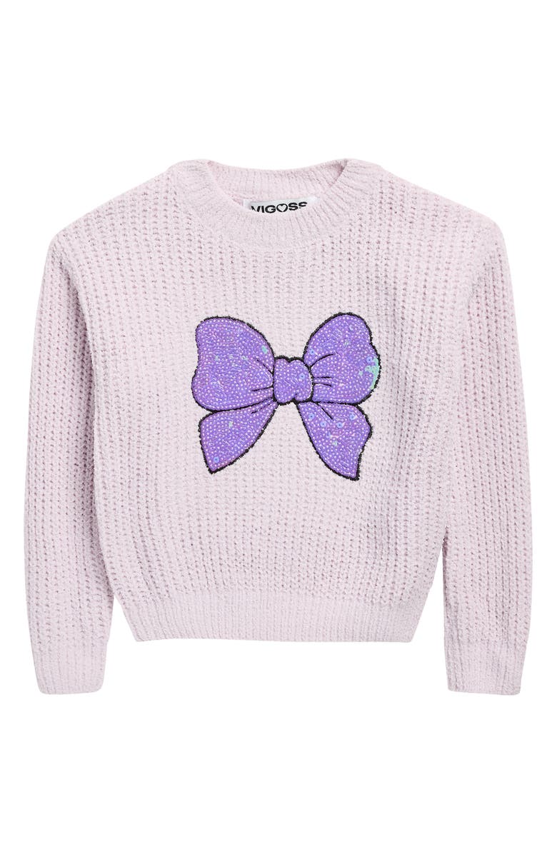 Vigoss Kids' Sequin Bow Matte Chenille Sweater, Main, color, Lilac