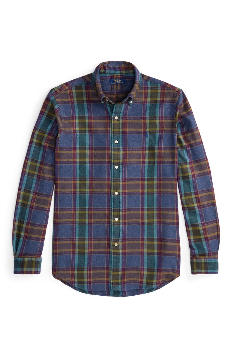 Plad Brushed Cotton Flannel Button-Down Shirt, Alternate, color, BLUE/ PRPL