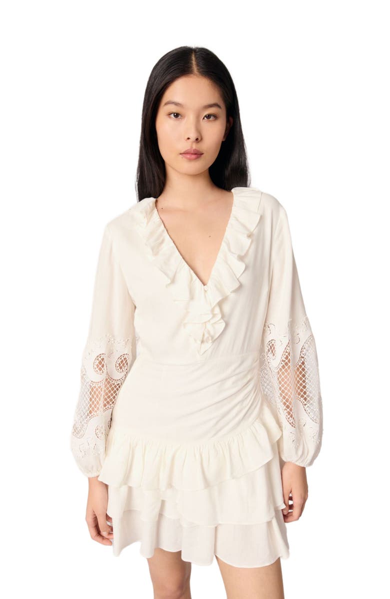 maje Ruffled embroidered sleeve dress, Alternate, color, 