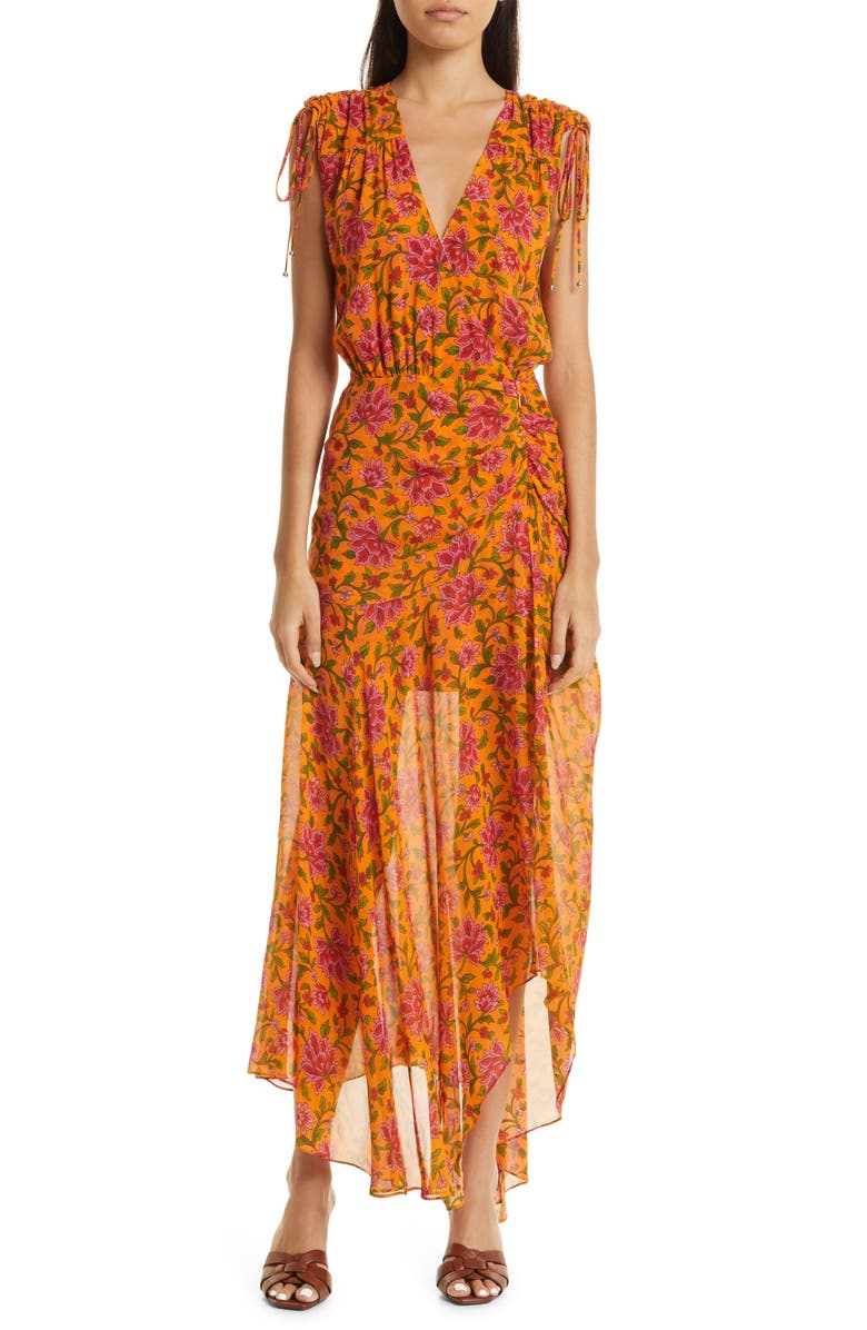 Veronica Beard Dovima Floral Asymmetric Silk Maxi Dress, Main, color, 