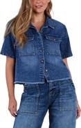 HINT OF BLU Emily Frayed Short Sleeve Denim Button-Up Shirt
