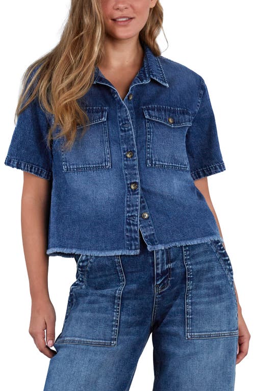 Hint Of Blu Emily Frayed Short Sleeve Denim Button-up Shirt In Caribbean Blue