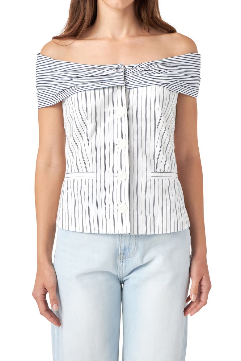 Stripe Off the Shoulder Blouse, Alternate, color, WHITE/ NAVY