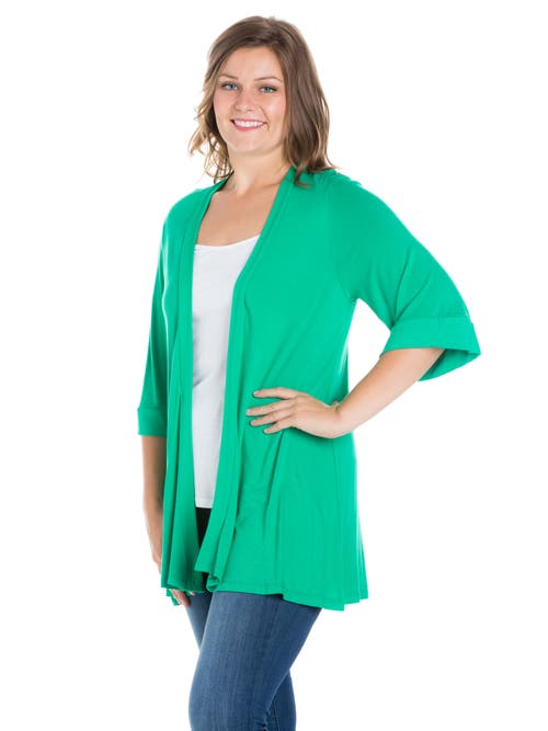 24seven Comfort Apparel Plus Size Elbow Length Open Front Cardigan Sweater In Green