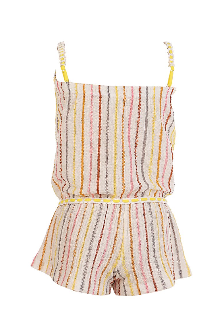 Vibrant Vertical Stripe Beach Romper with Braided Yellow Cord and Cinch Waist, Alternate, color, Beige