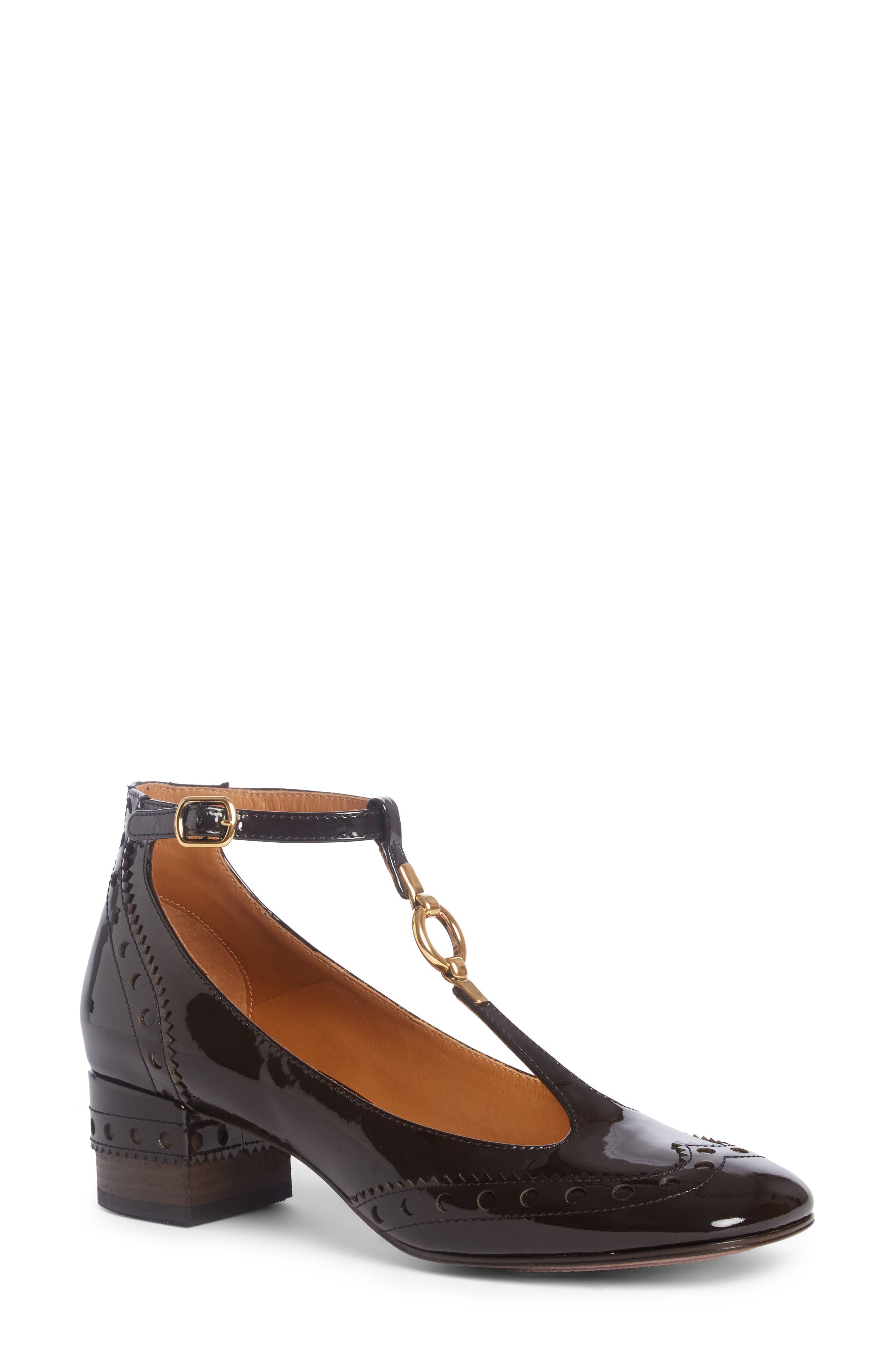 Perry Wingtip T-Strap Pump, Main, color, PAST BROWN PATENT