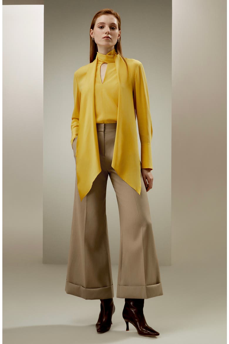 Flowing Draped Tie-Neck Silk Blouse, Alternate, color, Ginger