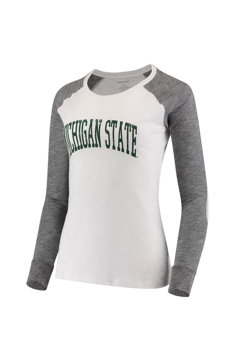 BOXERCRAFT Women's White/Gray Michigan State Spartans Preppy Elbow Patch 2-Hit Arch and Logo Long Sleeve T-Shirt, Alternate, color,