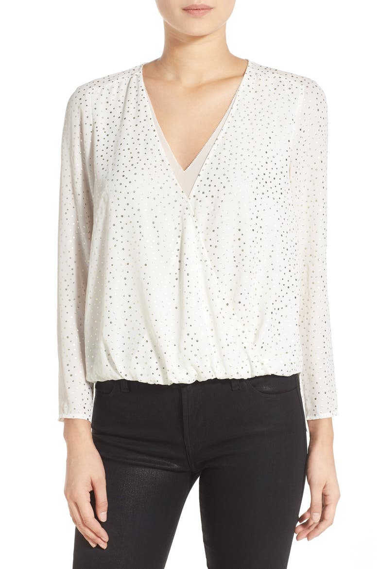 'Alyssa' Metallic Dot Surplice Top, Main, color, WHITE