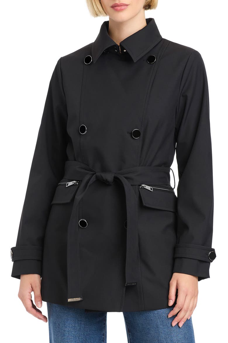 Double Breasted Hooded Trench Coat, Alternate, color, BLACK