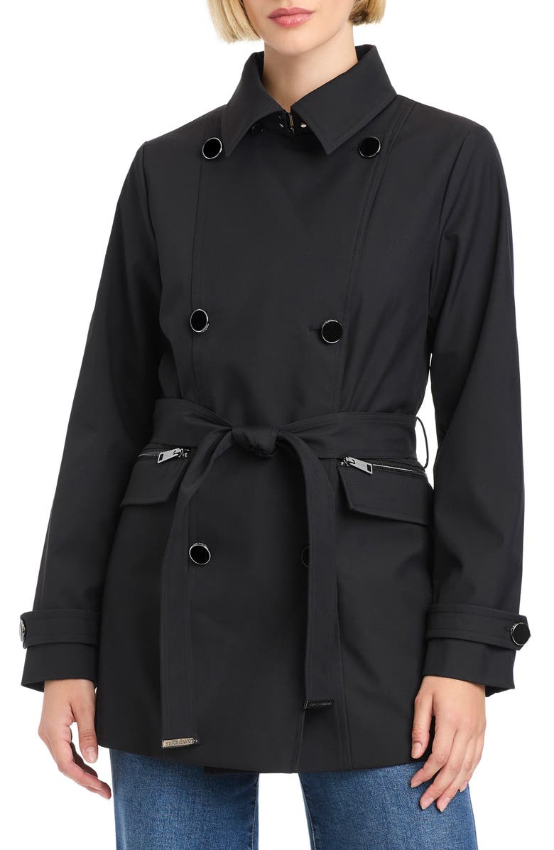 Vince Camuto Double Breasted Hooded Trench Coat, Alternate, color, Black