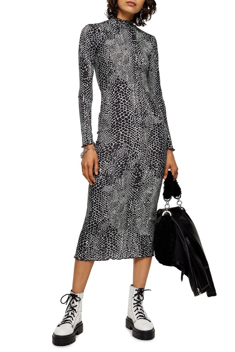 Cut And Sew Animal Print Long Sleeve Midi Dress, Main, color, BLACK MULTI