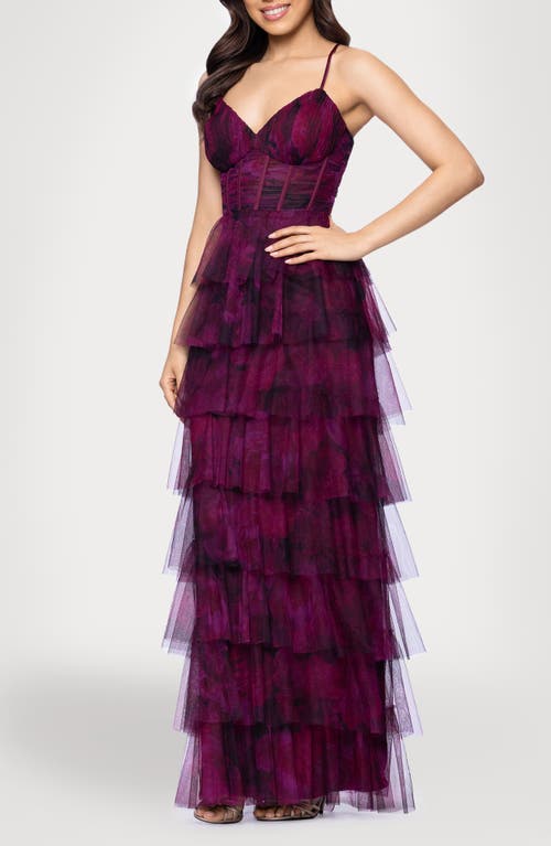 Blondie Nites Tiered Ruffle Column Dress In Purple