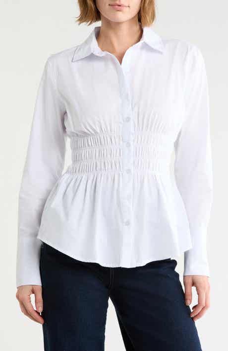 Smocked Waist Long Sleeve Cotton Shirt