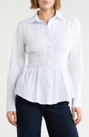 Madden Girl Smocked Waist Long Sleeve Cotton Shirt