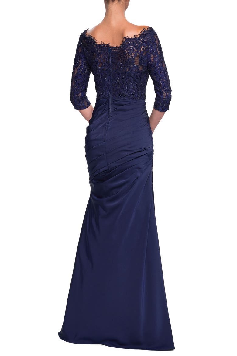 Gathered Mermaid Satin Gown with Lace Top, Alternate, color, NAVY