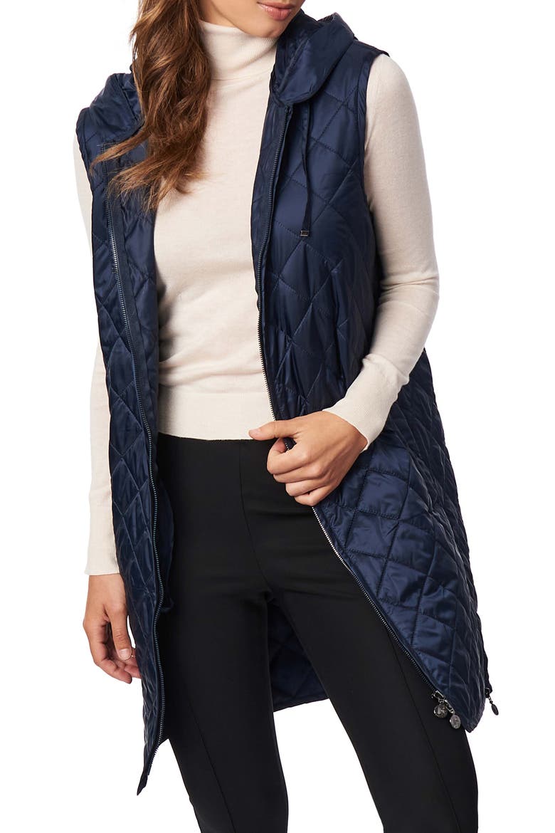 Recycled Polyester Quilted Long Vest with Hood, Main, color, NAVY